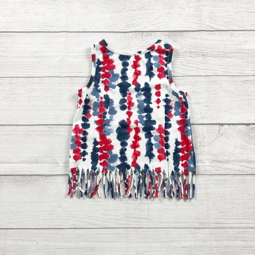 Celebrate Girl Patriotic Fringe Tank Top Red White Blue Tie Dye Star Shirt 3T - Picture 3 of 3